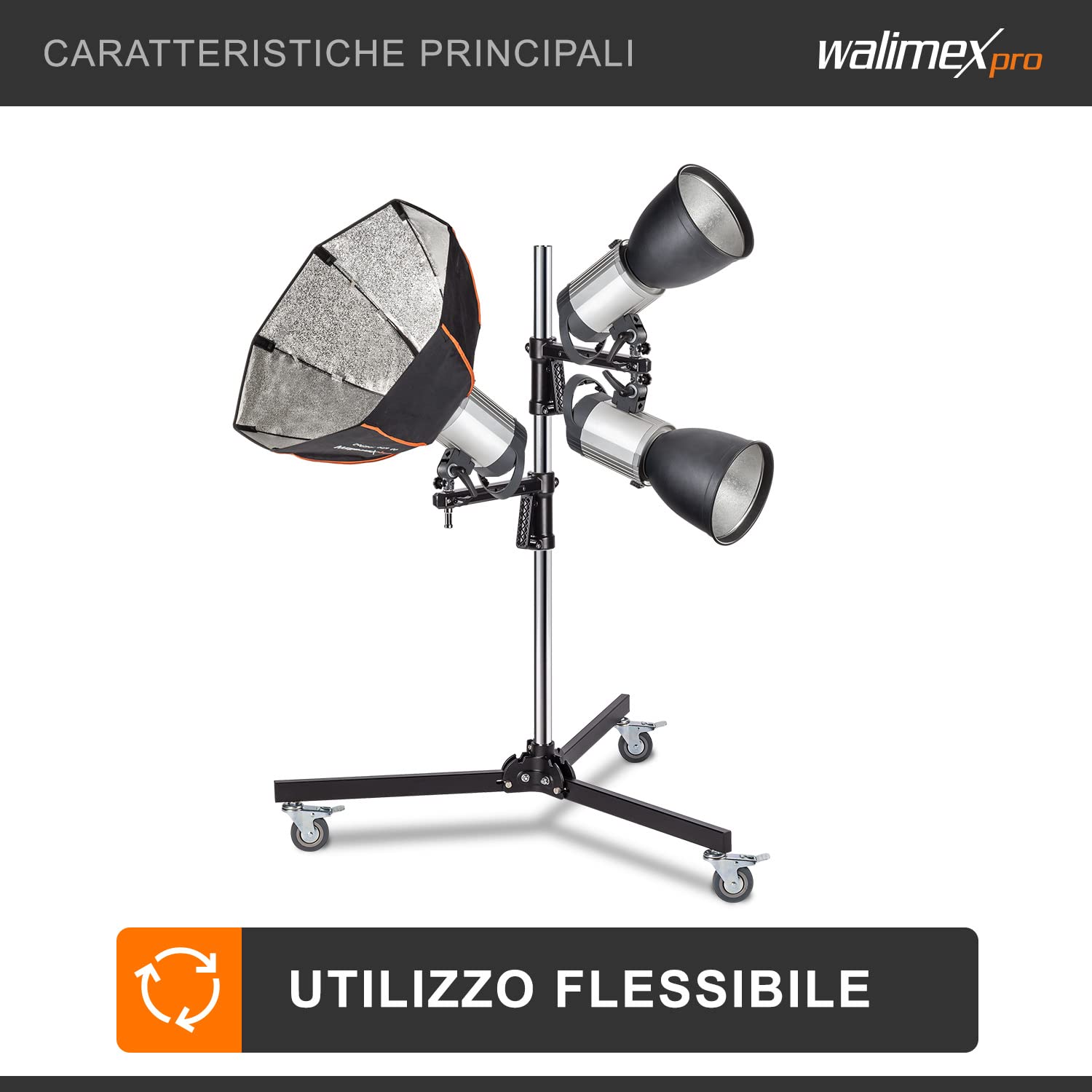 Walimex pro Treppiede mobile 223 cm - Robusto treppiede da studio con 2 supporti a morsetto che possono essere spostati rapidamente e rulli stabili, caricabile fino a 12 kg