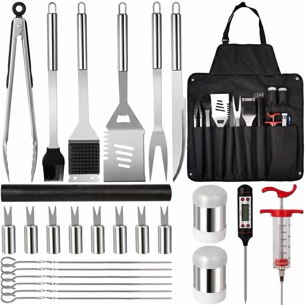 Set Accessori Barbecue 26 Pezzi, Kit Utensili Griglia in Acciaio Inox Robusto con Termometro, Seringa e Grembiule, Regalo Barbecue Perfetto per Uomo e Papà, Ideale per Grigliata all'aperto