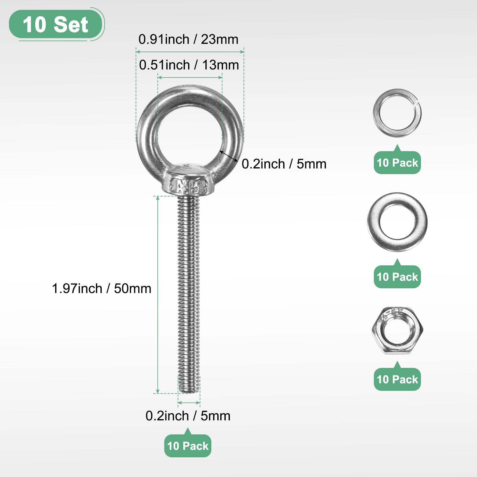 M METERXITY 10-Sets Stainless Eyebolt M5x50mm Shoulder Lifting Eye Bolt with Nuts Washers Male Screw Thread Ring Shoulder Eye Bolts Length 1.97 Inch for Suspending/Fastening - Image 3
