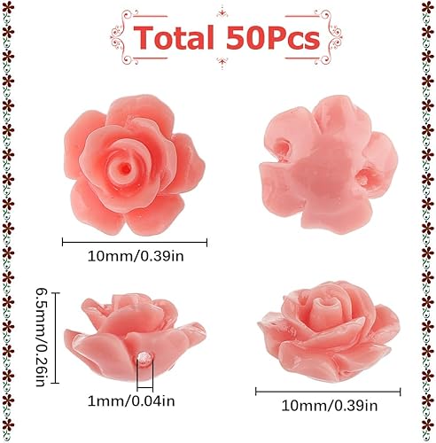 Miniatura 2 de SUNNYCLUE 1 caja de 50 cuentas de flores de rosa rosa talladas de 0.394 pulgadas (0.394 in), cuentas de rosa sintética de concha de coral cinabrio