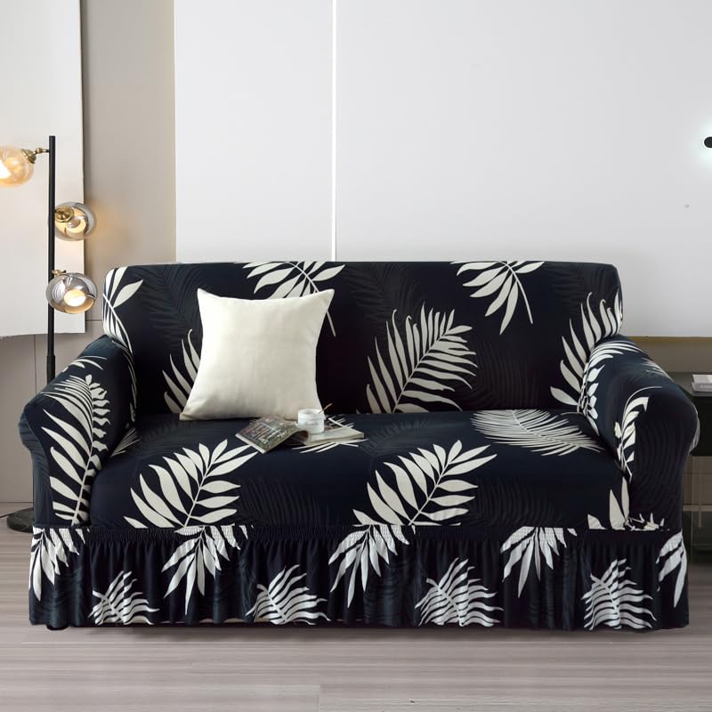 Stretch Sofa Covers with Skirt - Modern Floral Pattern Elastic Bottom Couch Cover Non-Slip Fabric Sofa Armchair Slipcovers Dust-Proof Furniture Protector for 1-4 Seat Dog Pet (S(90-140CM),#6)