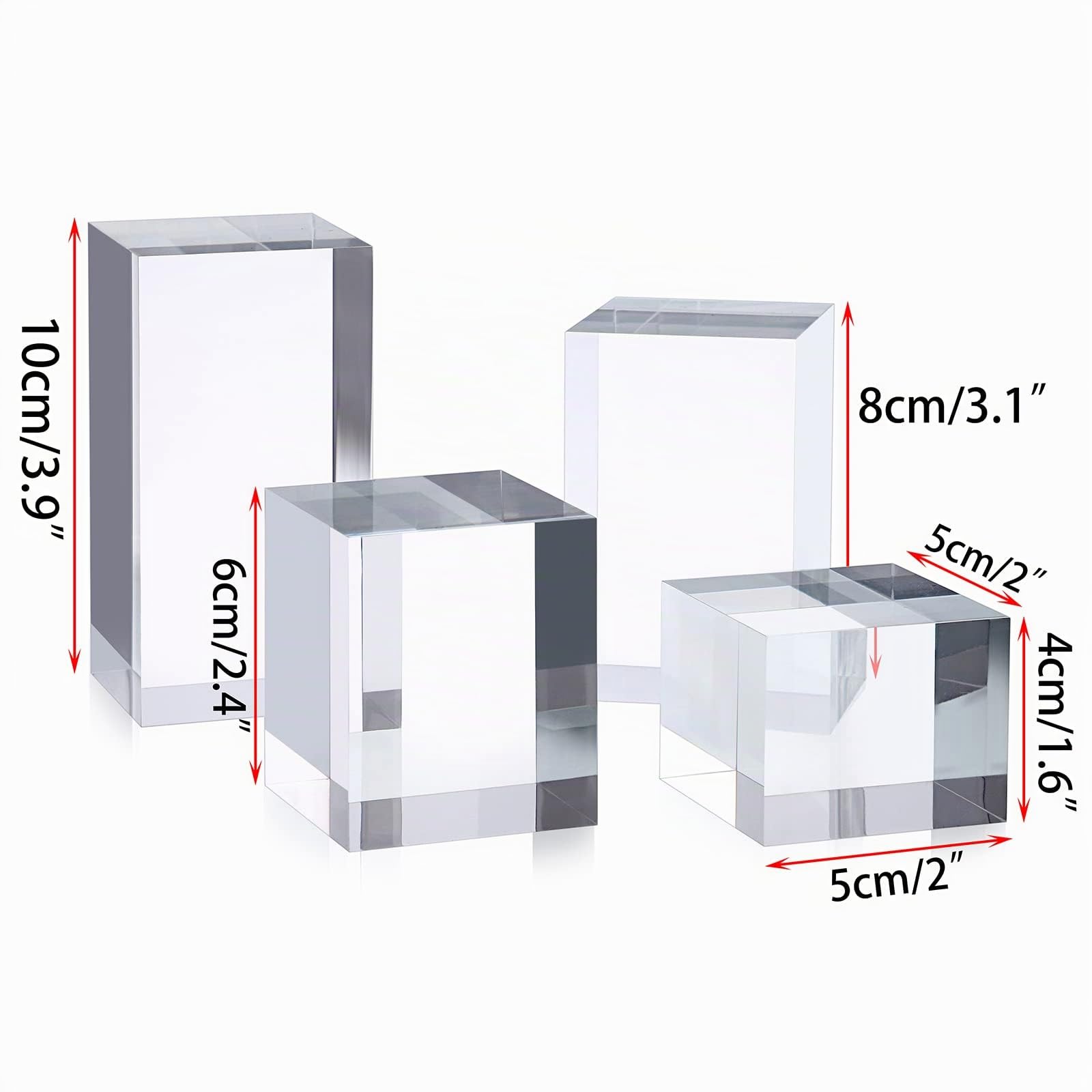 Set di 4 espositori rettangolari in acrilico trasparente - Accessori per fotografia - Decorazione d'interni - Base per orologi cosmetici - Figurine - Modello 5 x 5 x 5 / 6 / 8 / 10