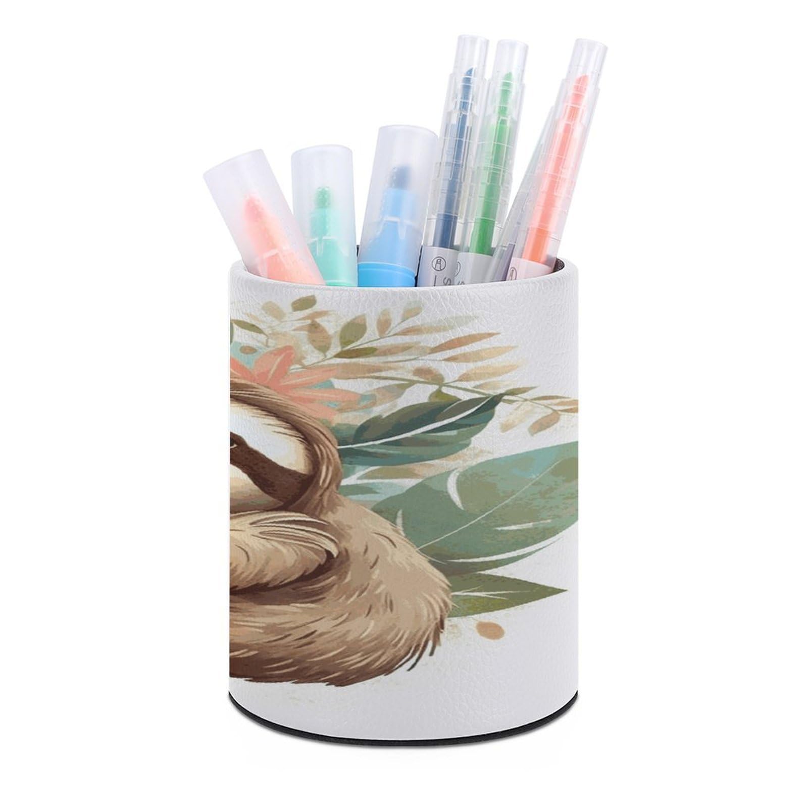 JTREHY Cute Sloth Leaves Pen Holder Round Pen Pencil Holder Makeup Brush Holders Cup PU Leather Pencil Cups Desktop Caddy Stationery Organizer Case Office Accessories Container Box