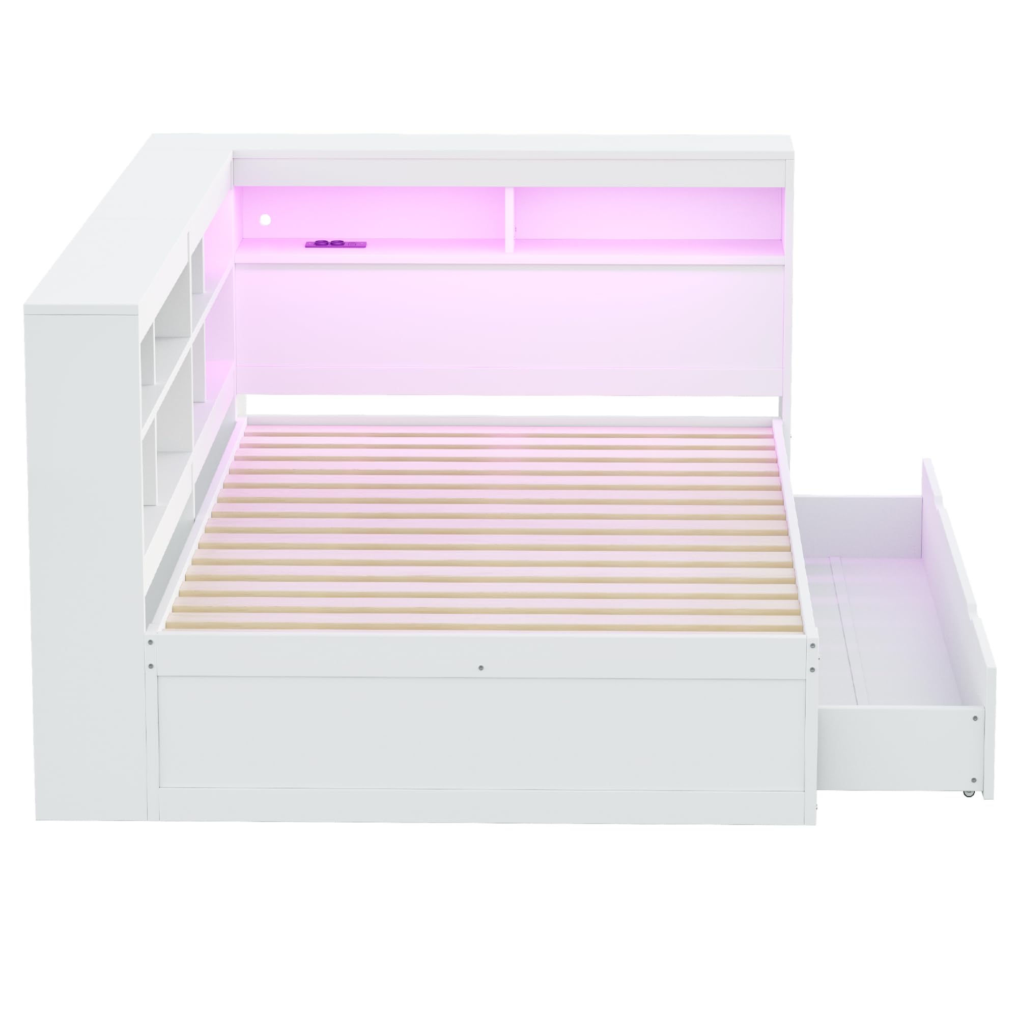 Kehun Doppelbet Sofabett 140x200 cm mit LED und USB Port, Schlafsofa Tagesbett mit Stauraum Schubladen und Ablagefach Kopfteil, Holzbett Bett mit Lattenrost aus Holz, Weiß, Ohne Matratze