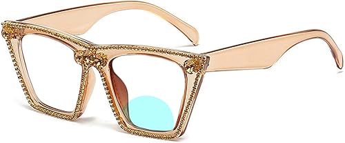 willochra Gafas de lectura con diamantes brillantes de ojo de gato con diamantes brillantes para mujer, anteojos de lectura bifocales cuadrados con