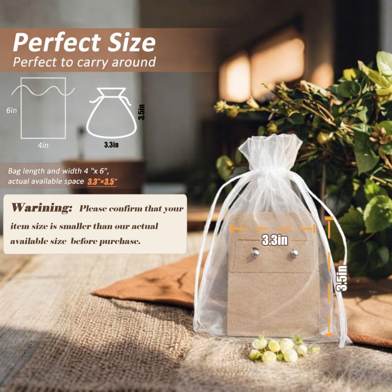 Angooni 4x6 Inch Organza Bags for Jewelry Party Wedding Favor - 100 PCS, Premium Sheer Gift Drawstring Pouch Candy Bags(White)