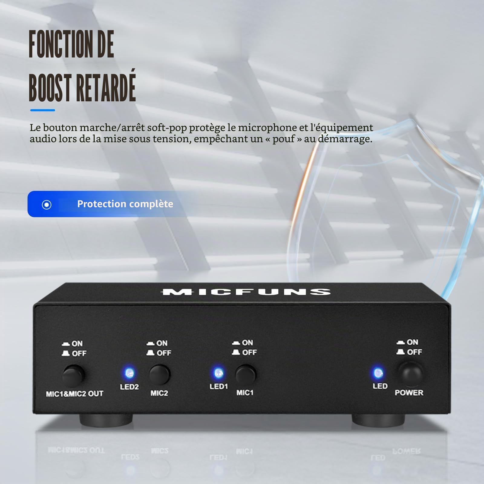 MC2 Alimentation fantôme 2 canaux 48 V avec câble audio 3,5 mm pour connecter une interface audio pour microphones à condensateur et appareils d'enregistrement de musique (2 canaux)