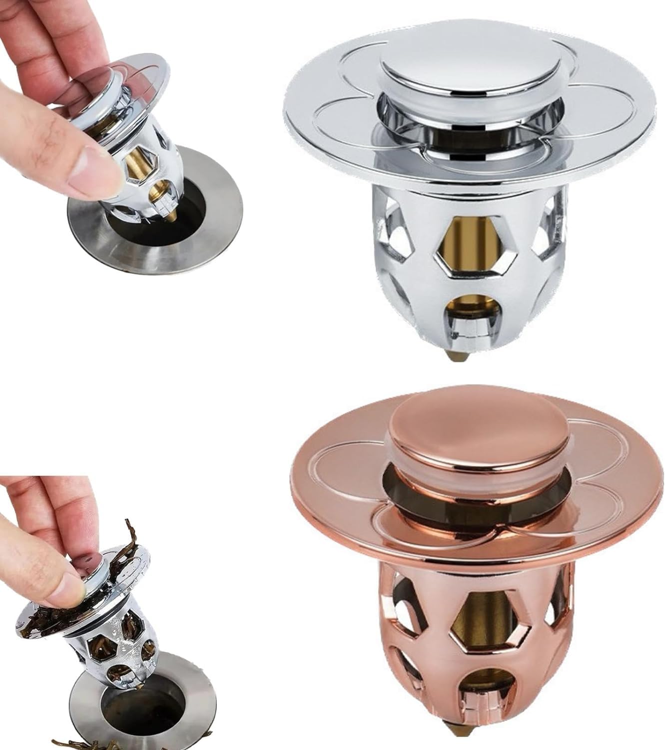 Askan Coporie Universal Drain Plug for Sinks, Universal Drain Plug for Sinks, Stainless Steel Pop-Up Bathroom Sink Drain Stopper Replacement Cover, Anti-Odor Anti-Clog Sink Stopper-Silver+Rose Gold