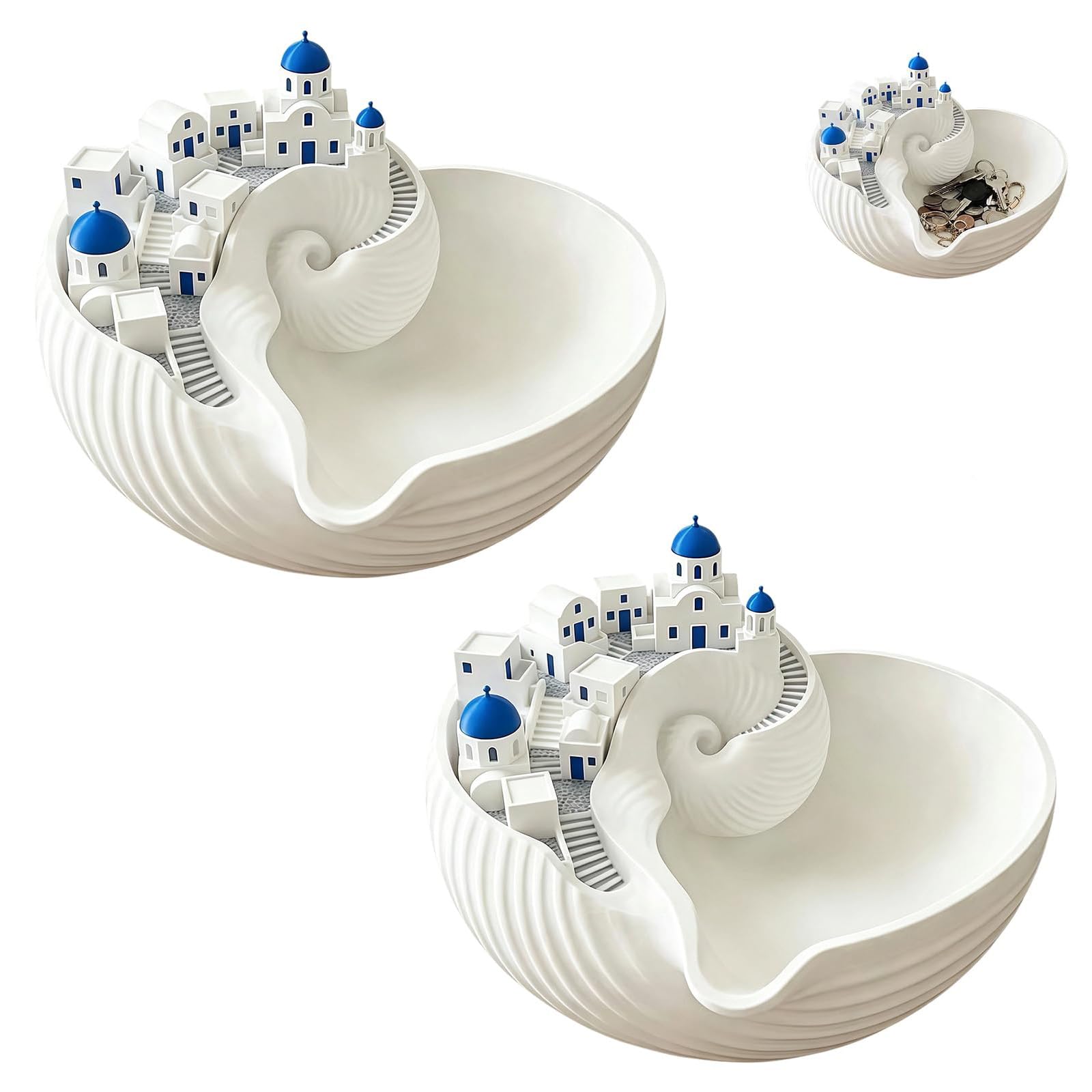 Bol fourre-tout de Santorin, organisateur d'île grecque imprimé en 3D pour clés, bol fourre-tout de conque de bâtiment en dôme bleu, plateau décoratif de style architectural pour clés (2pcs)