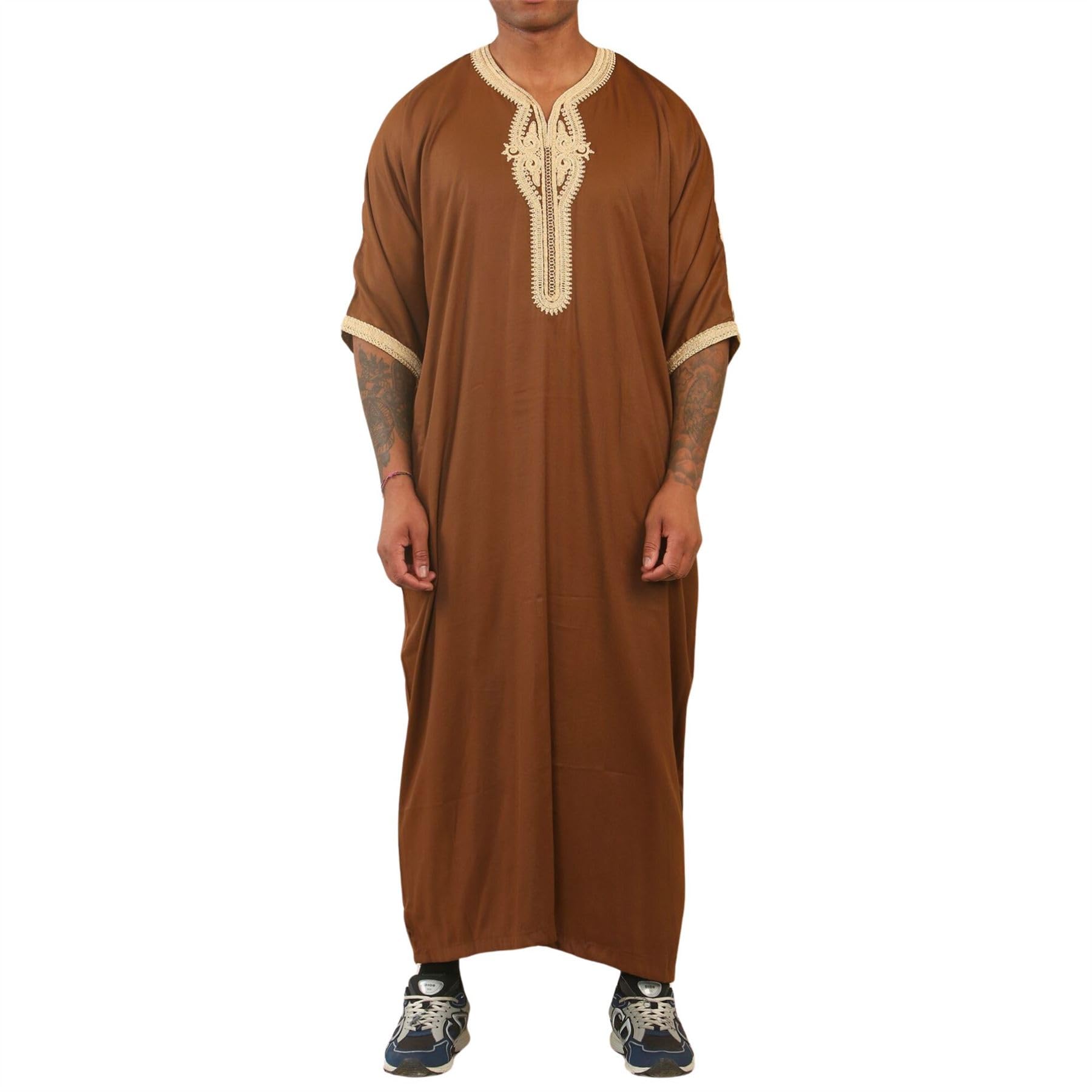 Thobez Men's Brown Hm60 - Moroccan Thobe Short Sleeve Embroidery Gandoura - 54
