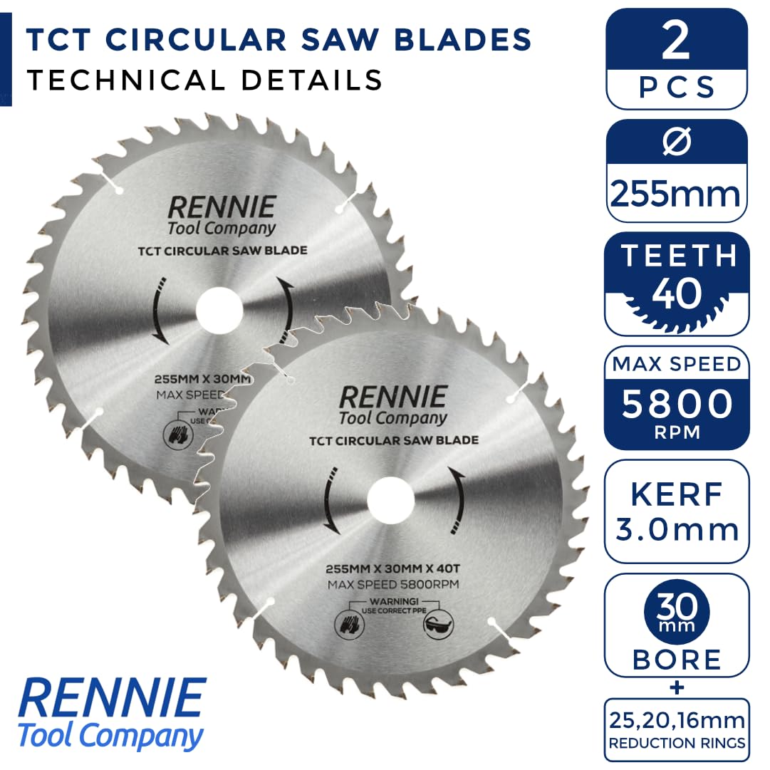 Confezione da 2 lame circolari per legno da 255 mm x 30 mm x 40 T TCT, include anelli di riduzione del foro da 25 mm, 20 mm e 16 mm. Compatibile con sega circolare Bosch Makita DeWalt, ecc. Per seghe