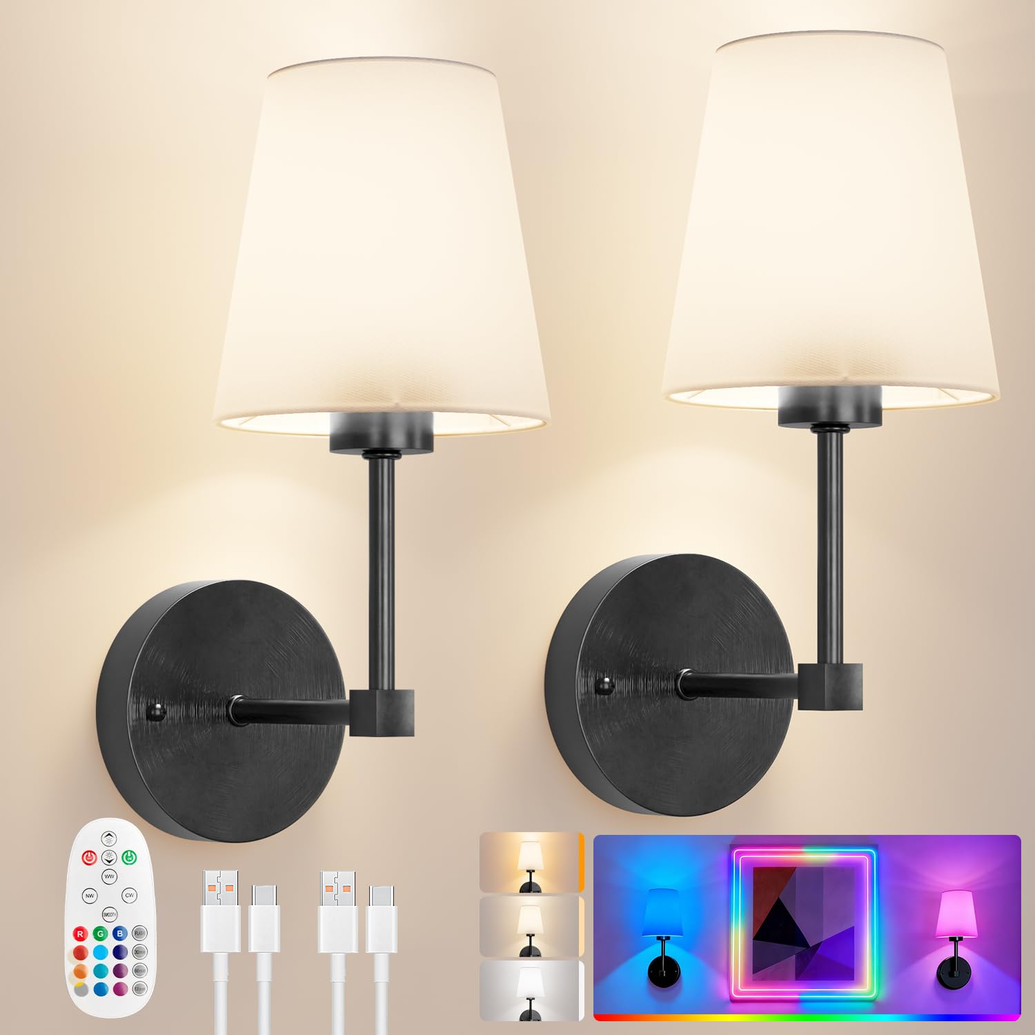 LGMCF Battery Operated Wall Lights Set of 2, 6000mAh Rechargeable Wall Light with Remote, 3 Color Temperature & 12 RGB Dimmable Wireless Wall Lights for Bedroom, Living Room, Hallway, Black