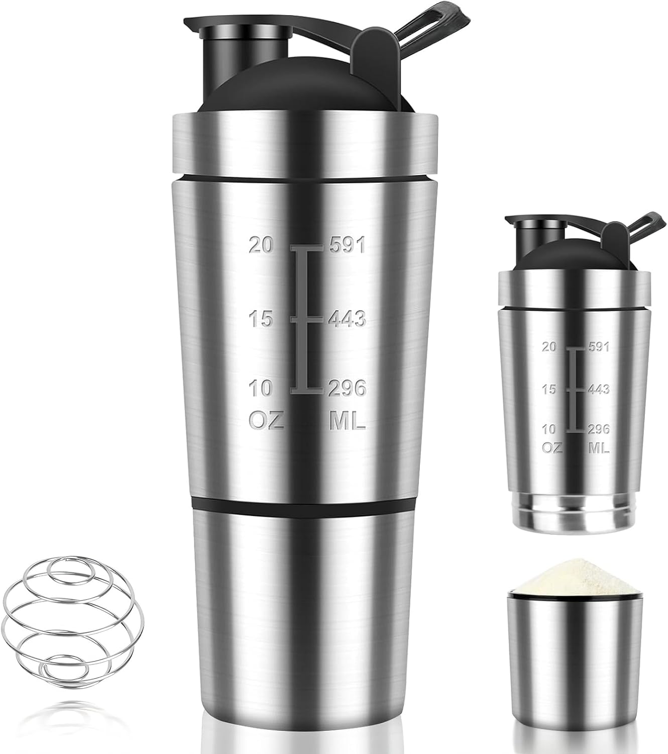 Golgner Stainless Steel Protein Shaker Sports Fitness Shaker 600 ml Fitness Protein Shaker with 200 ml Cup BPA Free with Bowl Double Wall for Protein Diet Fitness Shake (Silver)