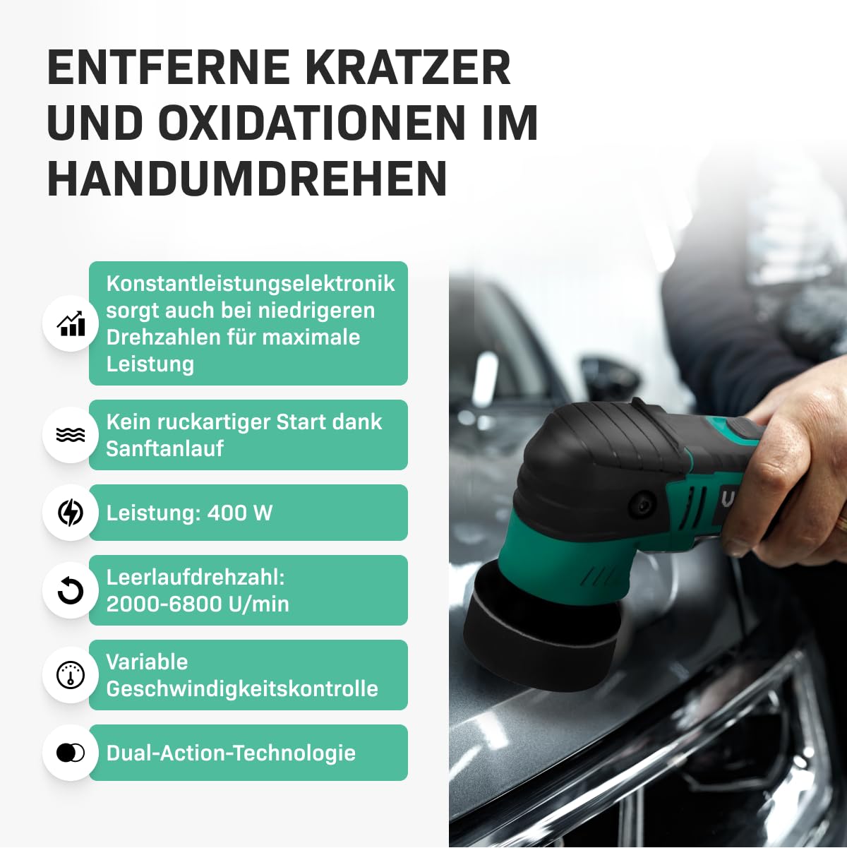 VONROC Dual Action Poliermaschine Auto Set elektrisch - Auto Zubehör Politur zum Kratzer entfernen, Autopflege Set - Variable Geschwindigkeit, 400W, 50-75MM inkl. 2xTräger & 8xPads
