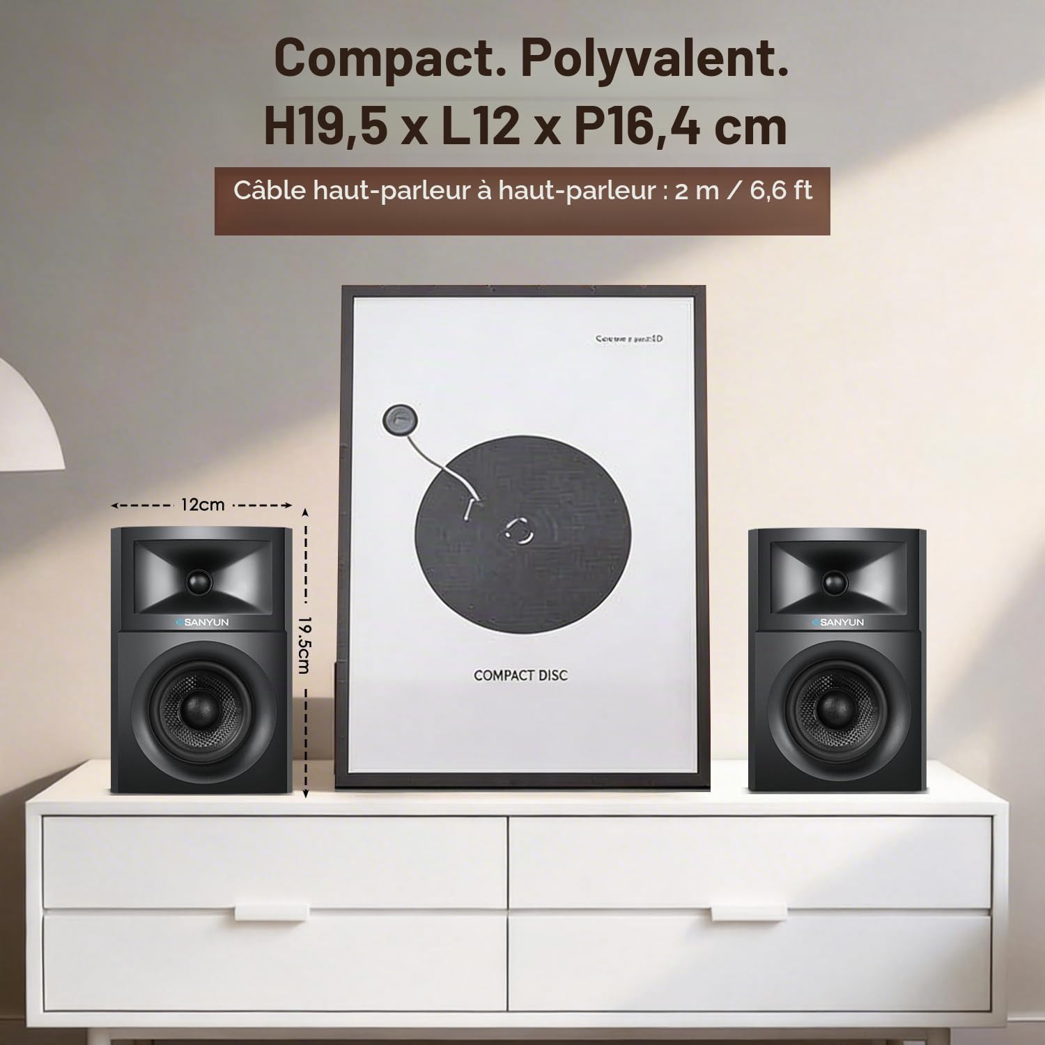 Sanyun SW203 Enceintes PC 2.0 3”, Champ Stéréo Élargi, Triple-DSP | DAC 24 bits, USB-C/Bluetooth 5.4/AUX, Woofer Fibre de Carbone 60W + Tweeter Dôme Soie, PC Bureau Gaming (Paire, Noir)