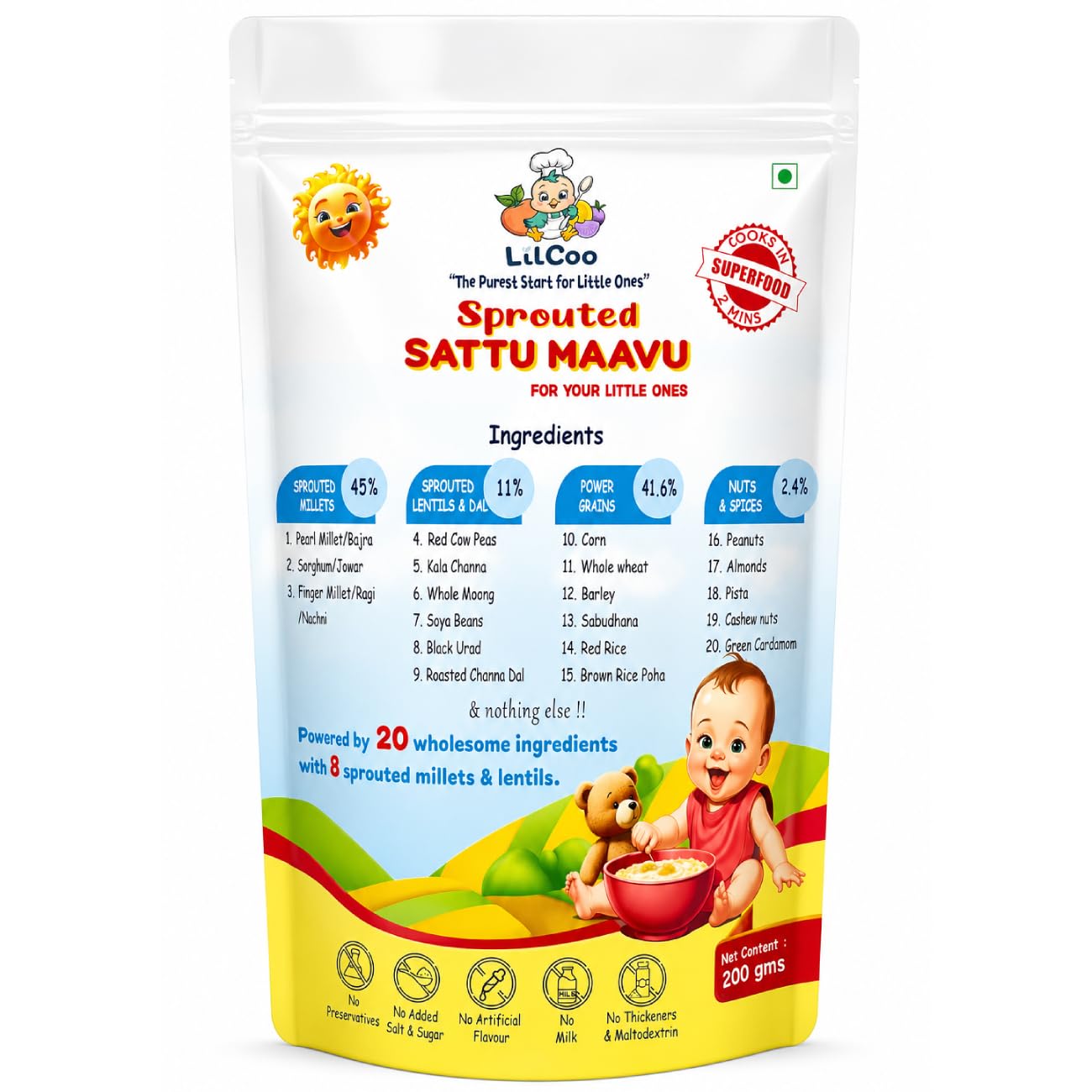 LilCoo Sprouted Sattu Maavu (200 gms)| Powered by 20 pure ingredients - 8 sprouted| Rich in Protein & micro-nutrients| Made fresh in small batches| Healthy Weight Gain| Immunity Boost| Sprouted Millets (Ragi/nachni, Jowar, Bajra), Sprouted Pulses & lentils, Power Grains, Nuts & Seeds| Easy to cook| Ideal for porridges chillas, idli, dosa & rotis| No sugar & salt| No harmful chemicals & Toxins| No Artificial flavours & Thickeners-image-10