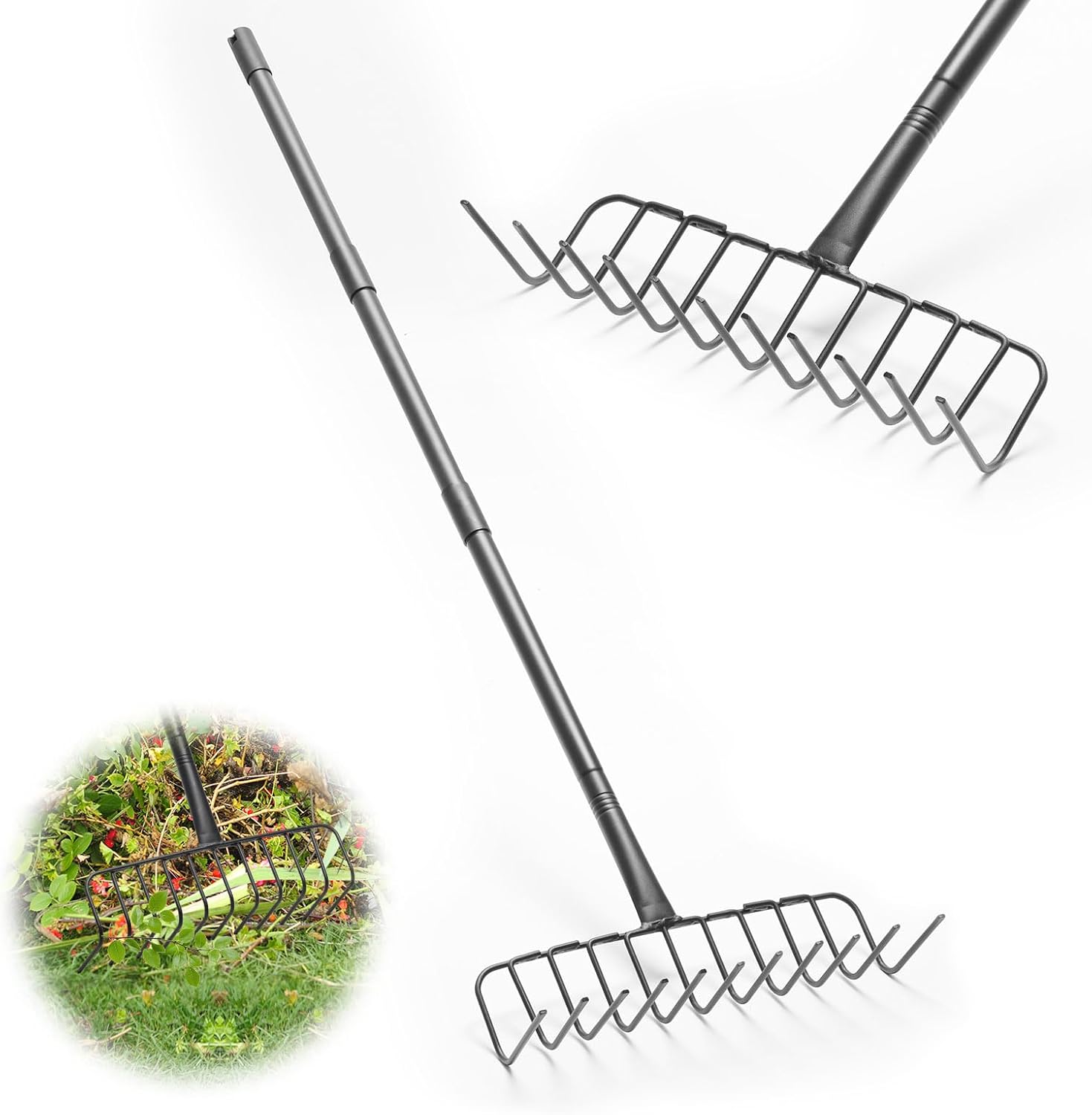 Rake, Heavy Duty Garden Rake with 11 Tines, 51 Inch Handle, 16 Inch Wide, Metal Garden Thatch Leaf Rakes for Raking Gathering Mulch,Metal Bow Rakes for Lawn Yard Bushes Pine Needles Leaves Grass 81"