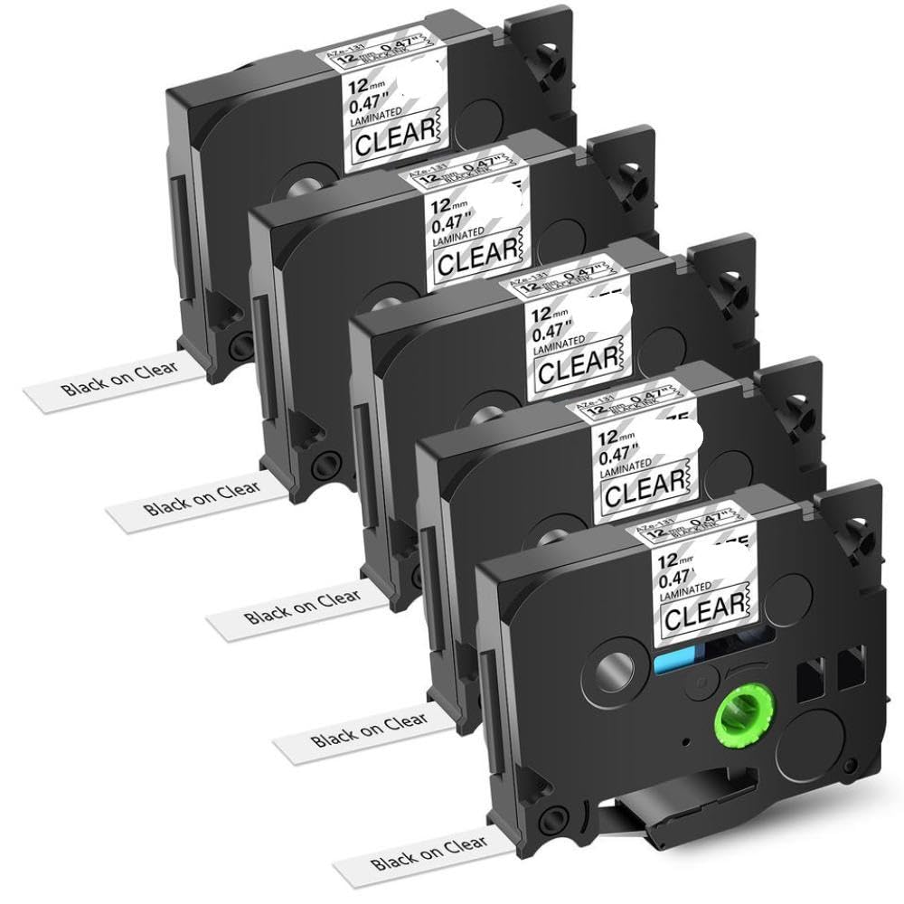 Ruban d'étiquettes Noir sur Transparent, 5 pièces, Ruban laminé de 12mm, Compatible avec l'imprimante PT-1000 Compatible avec TZ131 TZe-131
