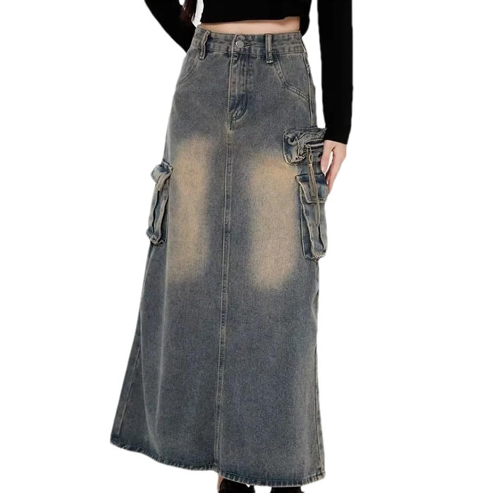 Jean Skirts for Women Denim High-Waist Retro Blue A-Line Ankle-Length Cargo Skirt for Cool Wrap Style