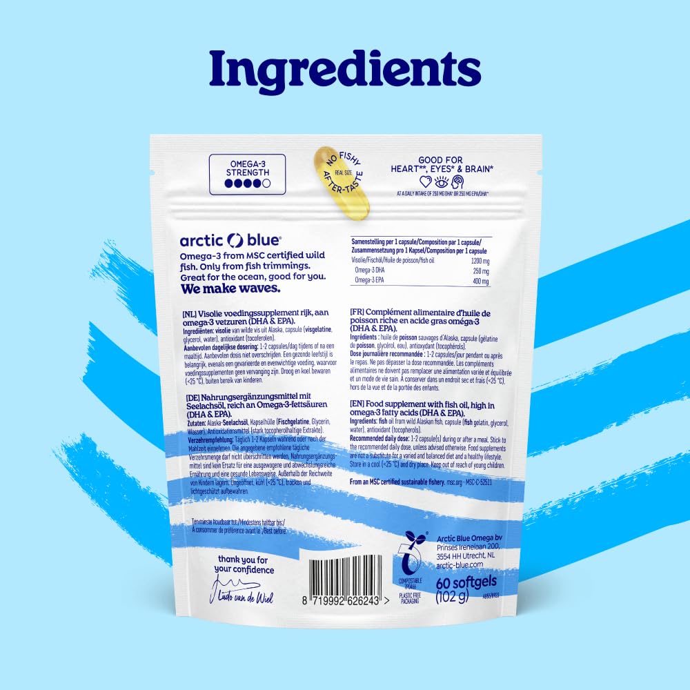 Arctic Blue Omega-3 Olio di Pesce 60 Capsule — 1200 mg Olio di Colin Alaska per capsula (400 mg di EPA + 250 mg di DHA) — Certificato MSC, Forma trigliceride, Massima freschezza, Senza Gusto di Pesce