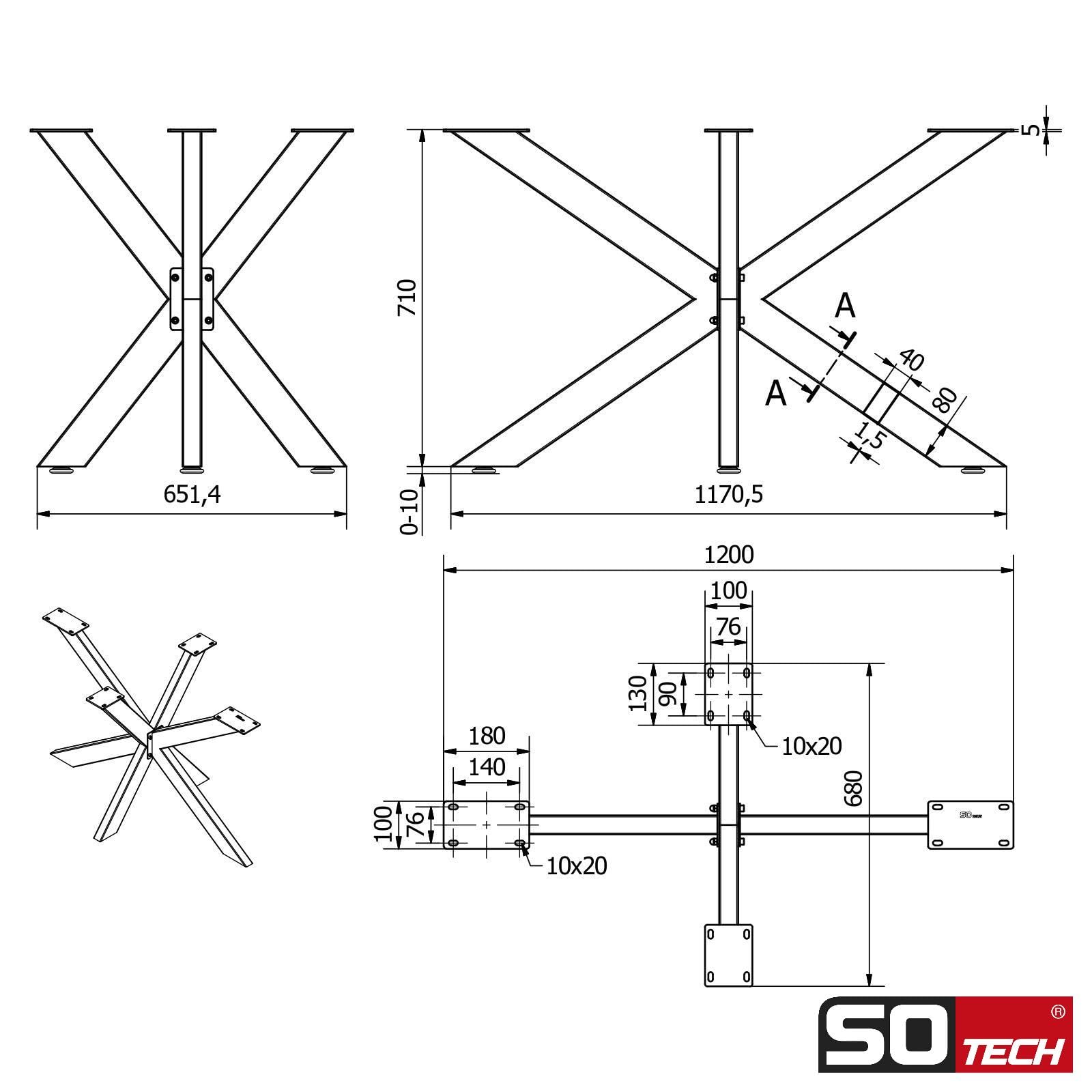 SOTECH Struttura del tavolo SPIDER/Gambe del tavolo pesanti in vero acciaio inox spazzolato/Gambe del tavolo 710 x 1200 x 680 mm/Montaggio facile