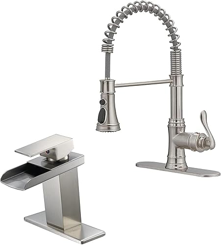 Miniatura 1 de Grifo para fregadero de baño, cascada de níquel cepillado, un solo orificio con níquel cepillado, grifo para fregadero de cocina con rociador