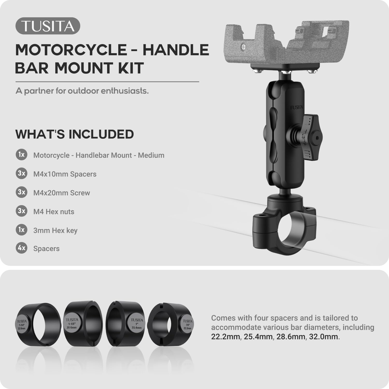 TUSITA Motocicleta GPS Soporte Compatible con Garmin Montana, Zumo XT - Base de Manillar con Brazo de Doble Enchufe Mediano