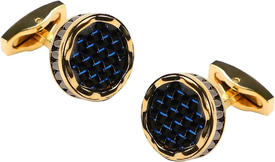 Fontee® 1 Pair French Shirt Cufflinks Blue Carbon Fiber Epoxy Cufflinks for Men Classical Cuff Links with Gift Box (Gold Plated)