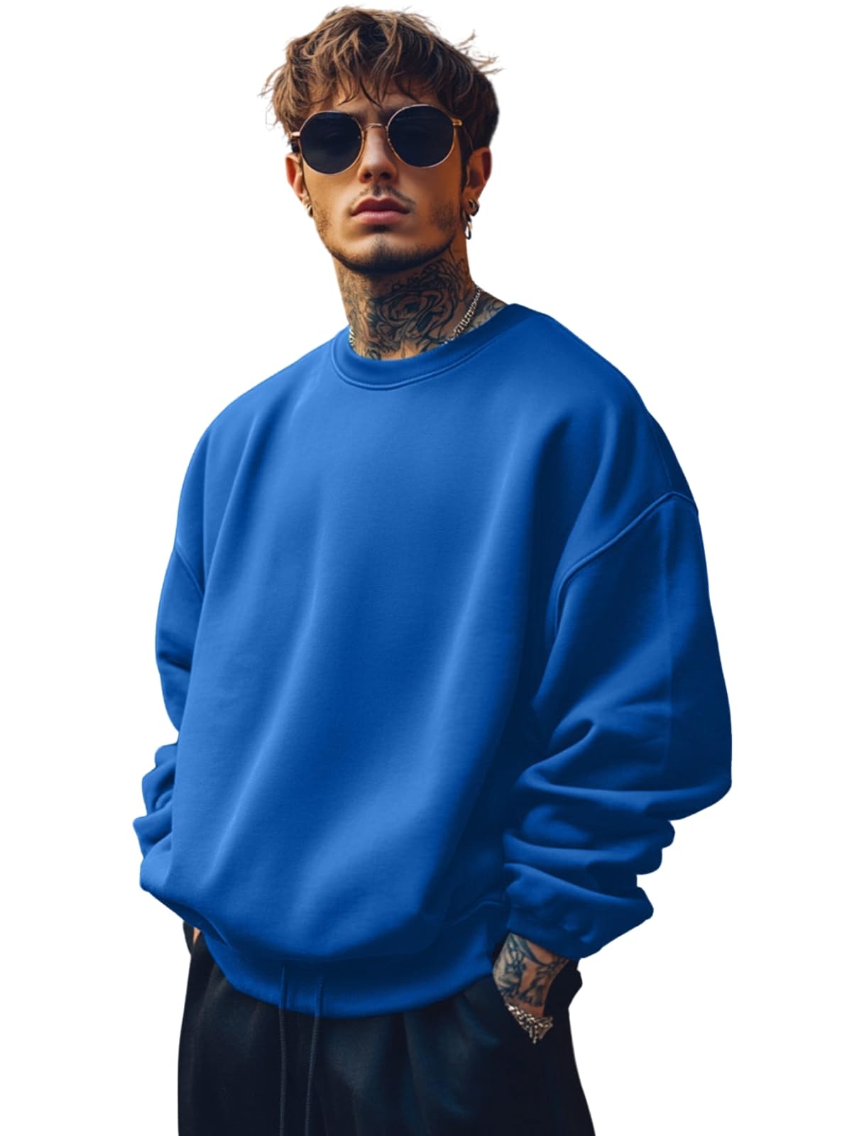Cotton Poly Fleece Oversized Fit Full Sleeves Ribbed Solid Crew Neck Sweatshirt for Men-image-3