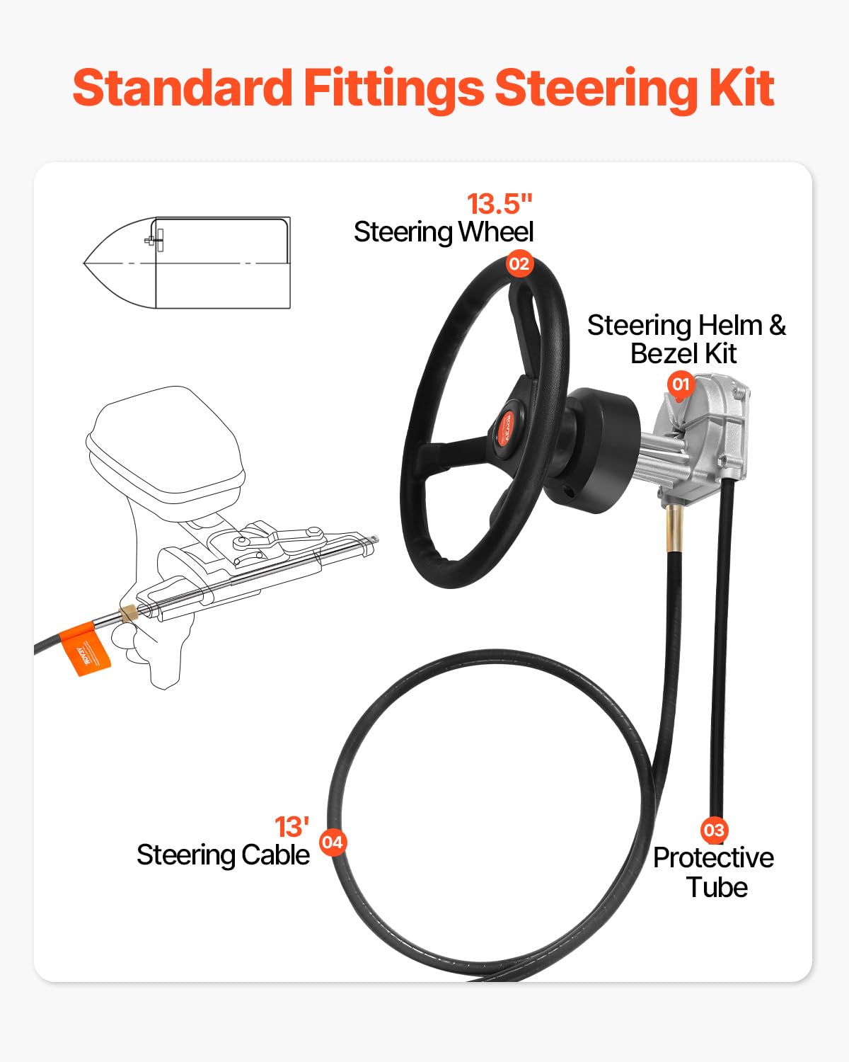 VEVOR Kit timoneria idraulica fuoribordo con cavo da 3,96 m SS13713 e volante da 34,3 cm, sistema di timoneria idraulica marina, accessori per barche da viaggio