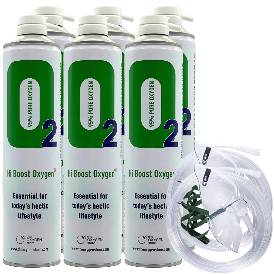 Hi Boost Oxygen Can 60 litres with Mask Boost Your Oxygen Levels Oxygen Therapy - Great for Sport, Work, Health Increased Concentration and Energy - Made in The UK (6 cans 1 mask)