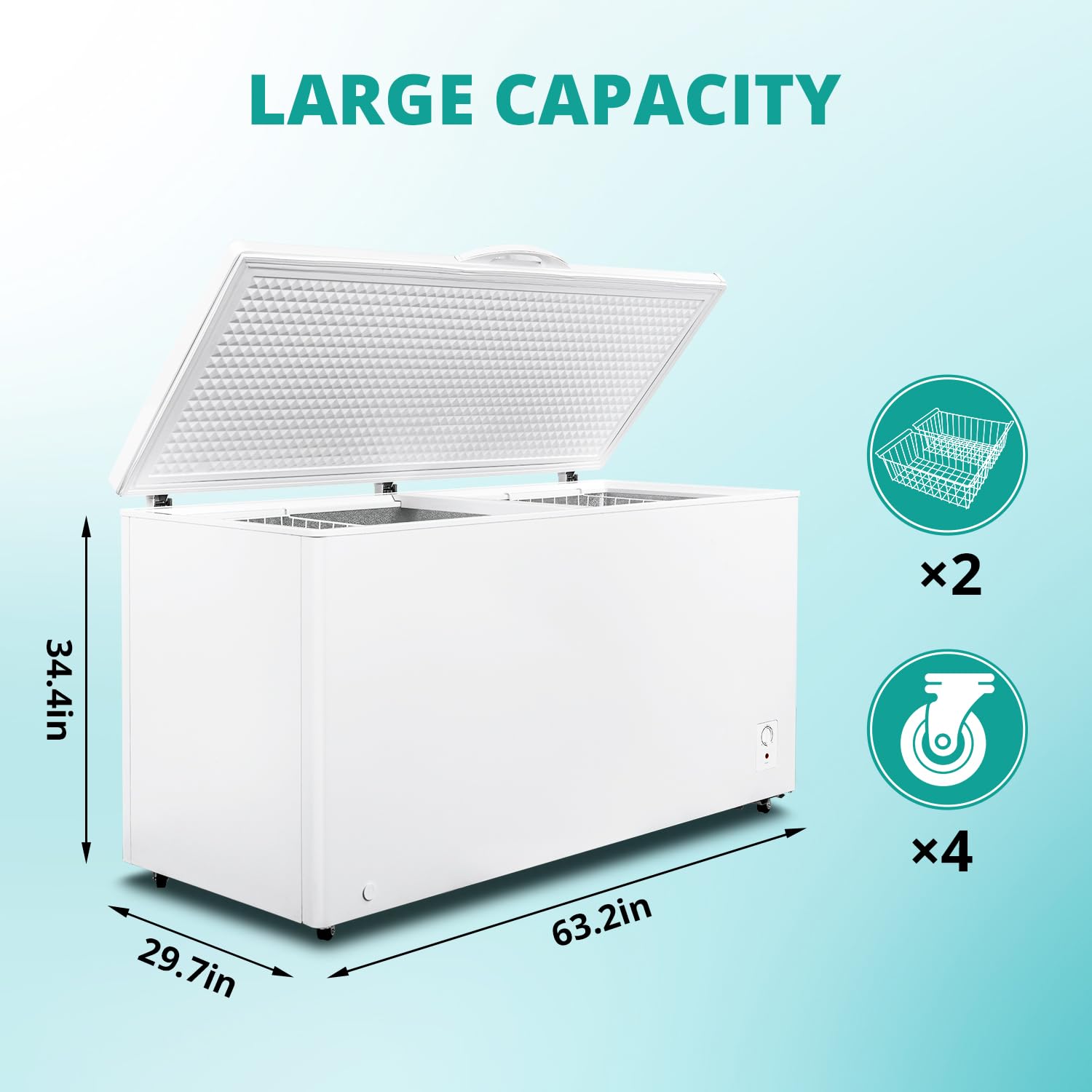Smeta Chest Freezer 22.5 Cubic Feet Deep Freezer With 2 Baskets, Energy Efficient Freezer Chest Large Capacity Freezer Chest For Kitchen, Home, Basement, Garage Ready Chest Freezer With Wheels, White on Fridge.com - View 4