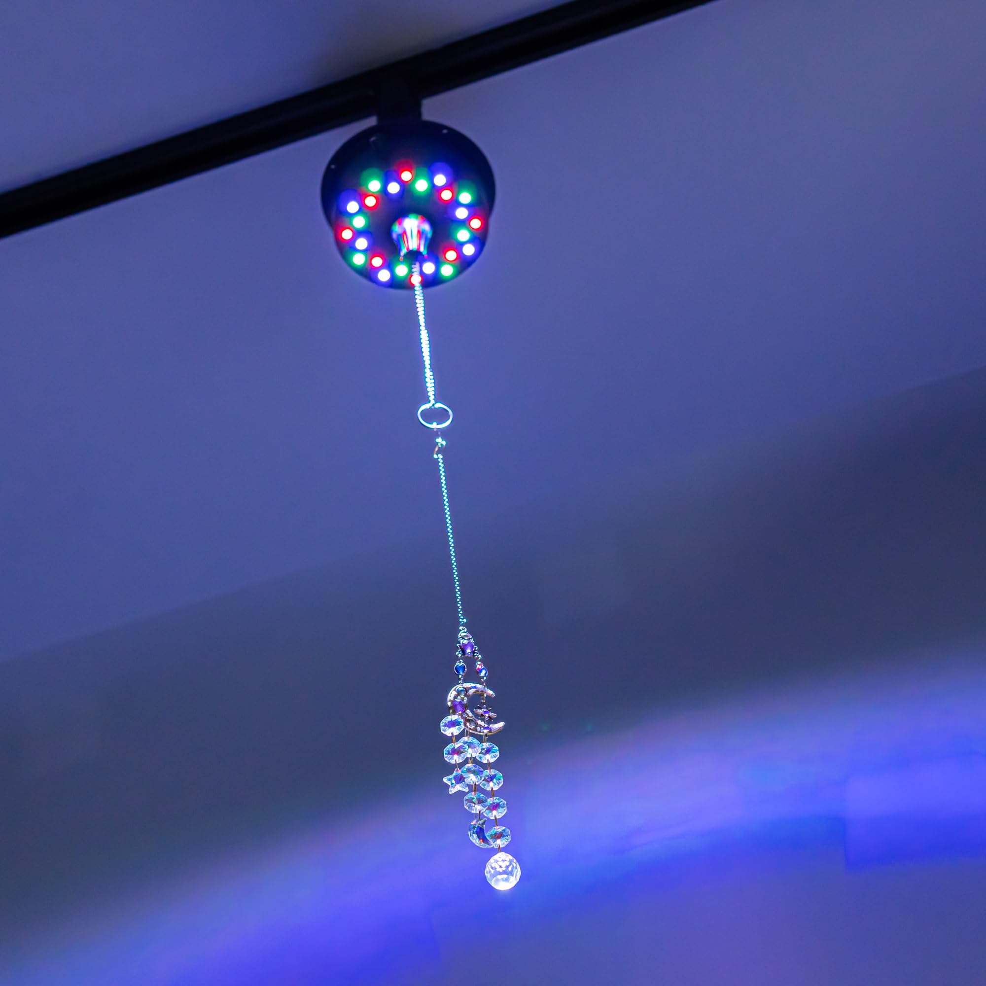 Yequandec Colorful Crystal with Moon Shape Disco Hanging Light with Auto Rotary Switch Track Mount J-Type Modern Design for Stage Party Design Wedding Decoration