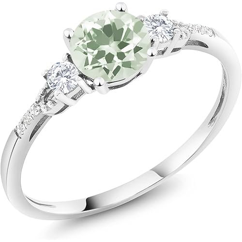 Gem Stone King 10K White Gold 6MM Round Gemstone Birthstone White Created Sapphire & White Diamond Accent 3-Stone Engagement Ring | Three-Stone Wedding Anniversary Promise Ring For Women