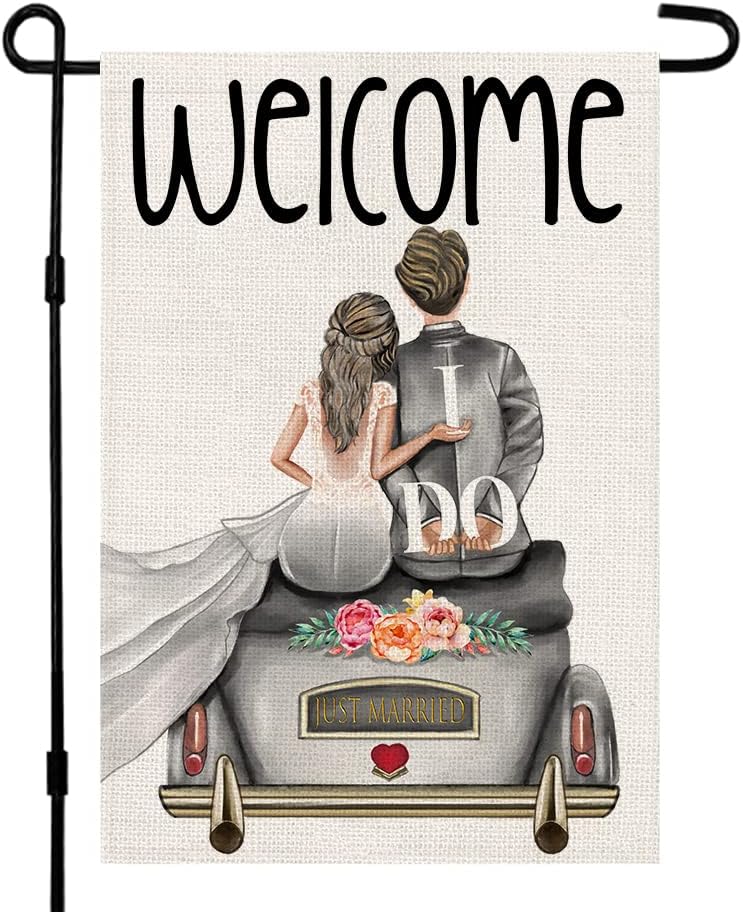 Welcome Bride and Groom Wedding Garden Flag 12 x 18 Inch Vertical Double Sided, Anniversary Holiday Party Yard Outdoor Decor DF089