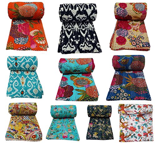 Bhagyoday - Colcha reversible con patrón floral clásico indio Kantha, hecha a mano de algodón Kantha, colcha floral, colcha de frutas indias Kantha, colcha de trabajo de parche, colcha de trapo, manta de Kantha floral queen, 60 x 90 pulgadas, lote 10 al por mayor, por Bhagyoday Cover