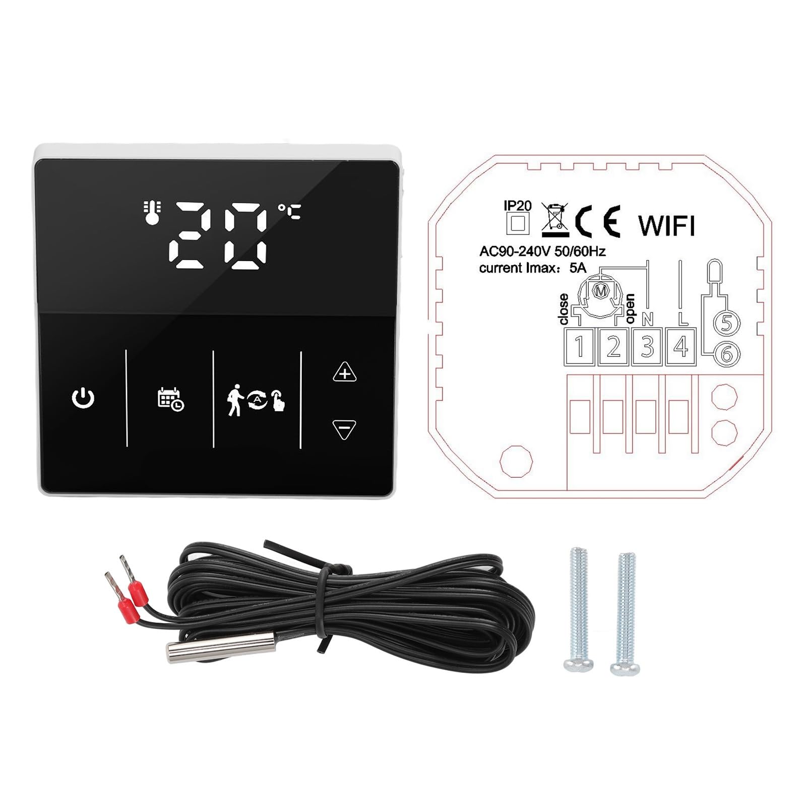 Cyfrowy termostat WIFI, inteligentny ekran dotykowy, aplikacja telefonu, pilot głosowy, termostat domowy, 90-240 V (czarny)