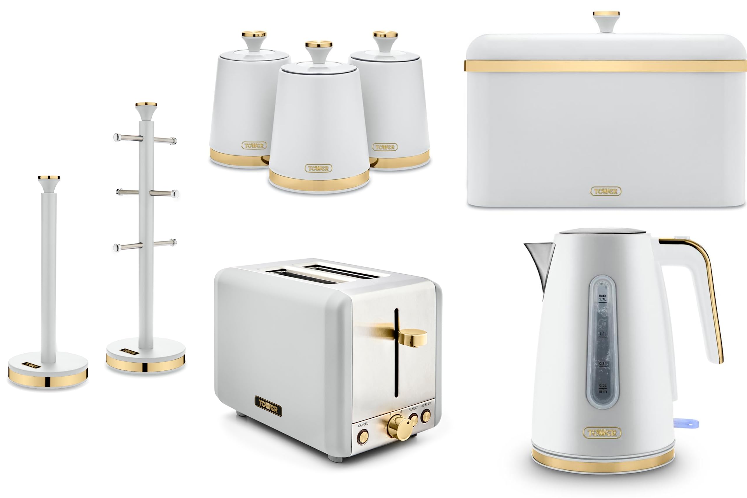 Tower Cavaletto Jug Kettle, 2 Slice Toaster, Bread Bin, 3 Canisters, Mug Tree & Towel Pole in Optic White with Brushed Champagne Gold Accents. Contemporary Matching Kitchen Set of 8 Items