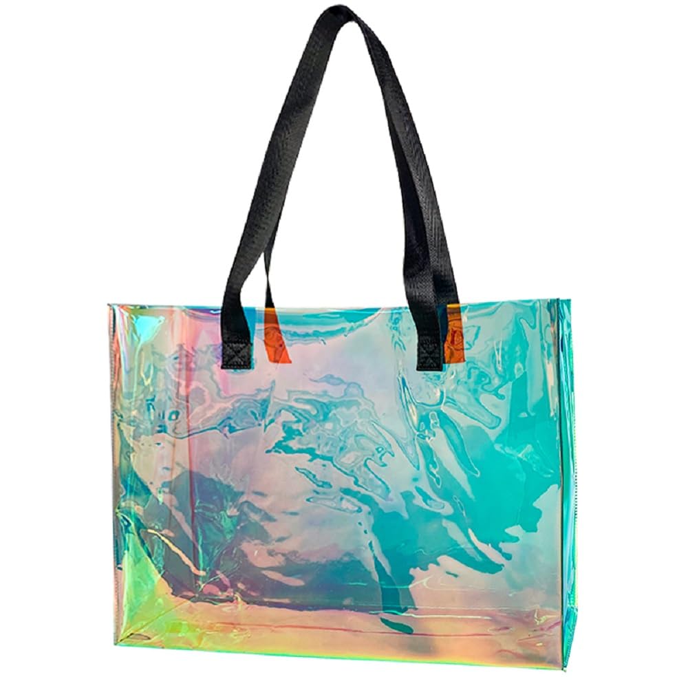 TotePrint Stadium Approved Blue Large Clear Tote Bag Holographic Clear PVC Shoulder Handbag with Handle for Concert Stadium (Green)