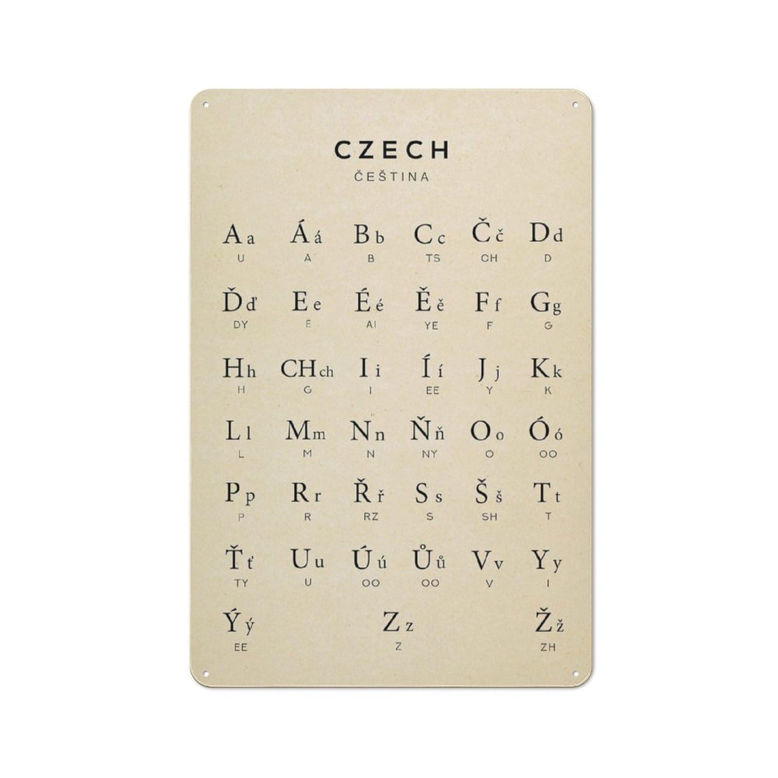 Rustic Metal Tin Sign Czech Alphabet Learning Chart Republic Language Wall Art Cestina Language Art Print Vintage Educational Artwork For Home Living