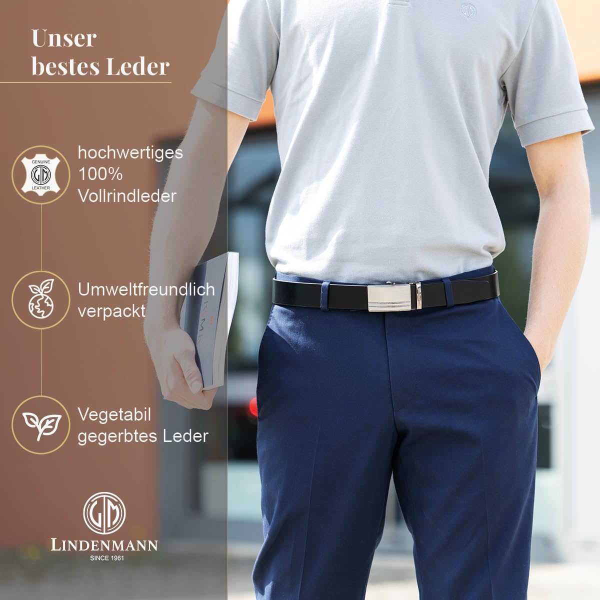 LINDENMANN Herren Automatikgürtel in Schwarz, 35 mm, Rindsleder, mit Automatikschließe, stilvoller Gürtel für Business, Chinos und gepflegte Alltagslooks