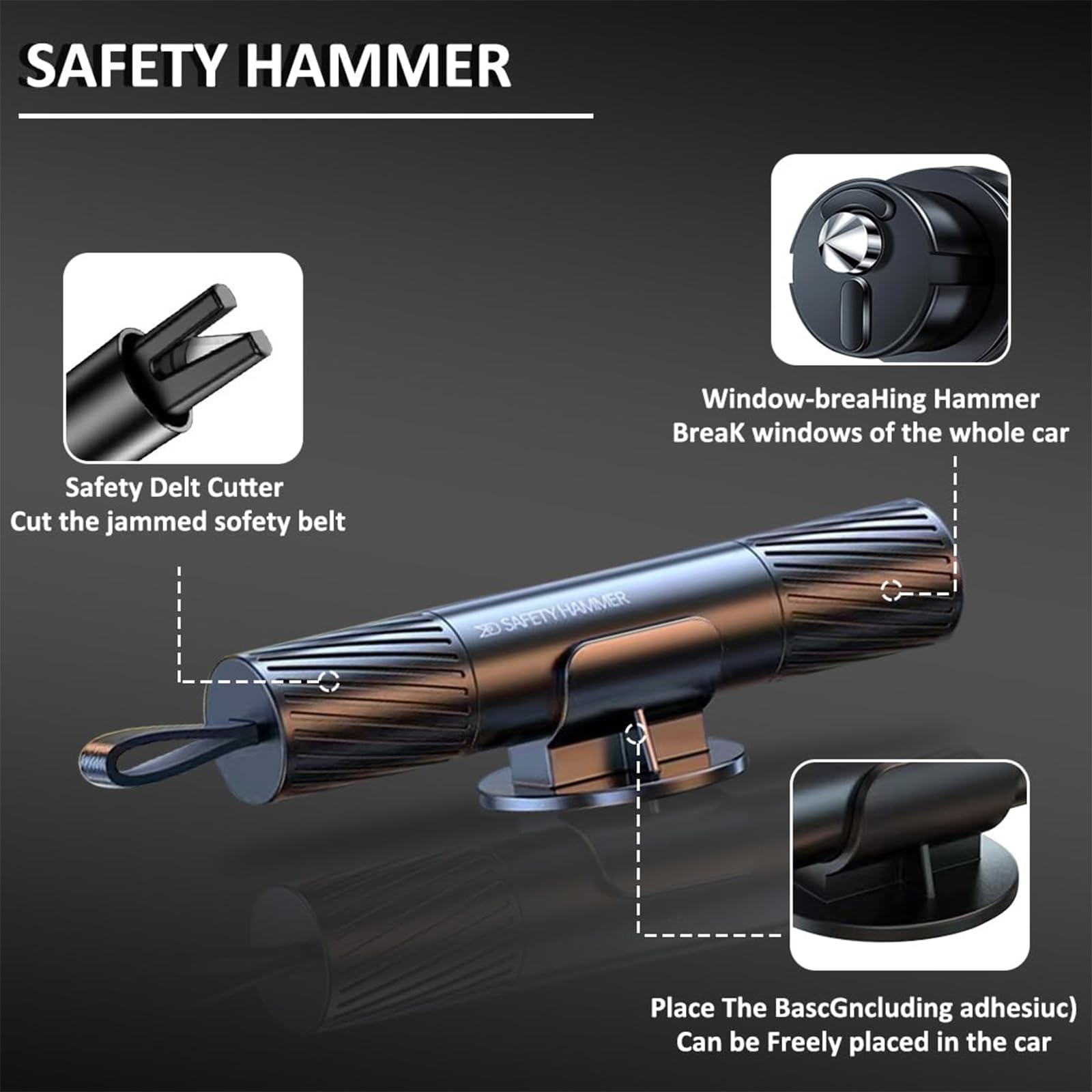 3 Stück Sicherheitshammer mit Gurtschneider-Notfall mit Testglas-Notfallhammer Auto mit Upgrade Anti-Rutsch Griff，2 in 1 Verbessert Gurtschneider Notfallhammer