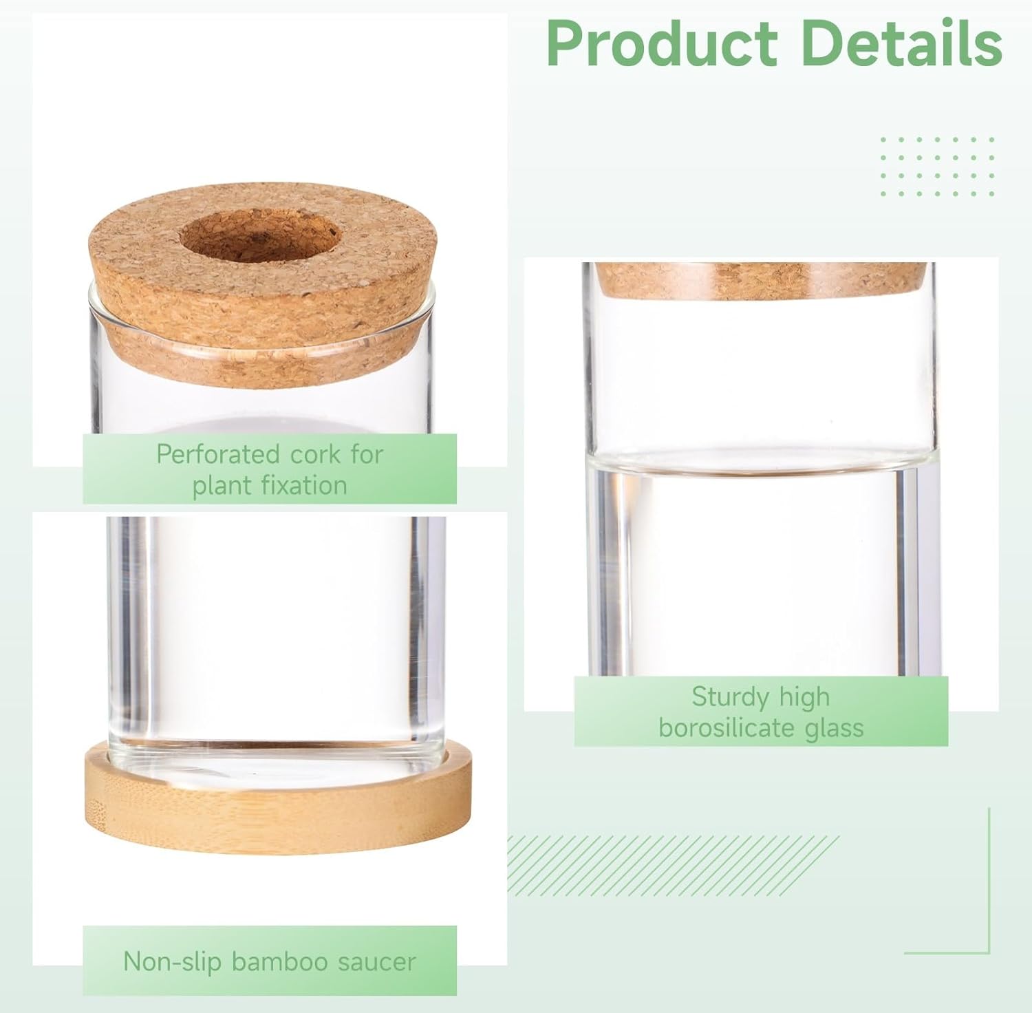 Set of 6 Glass Terrariums with Cork Lids & Bamboo Saucers, Indoor Plant Vases for Water Propagation, Desk Planter Stations for Home & Office