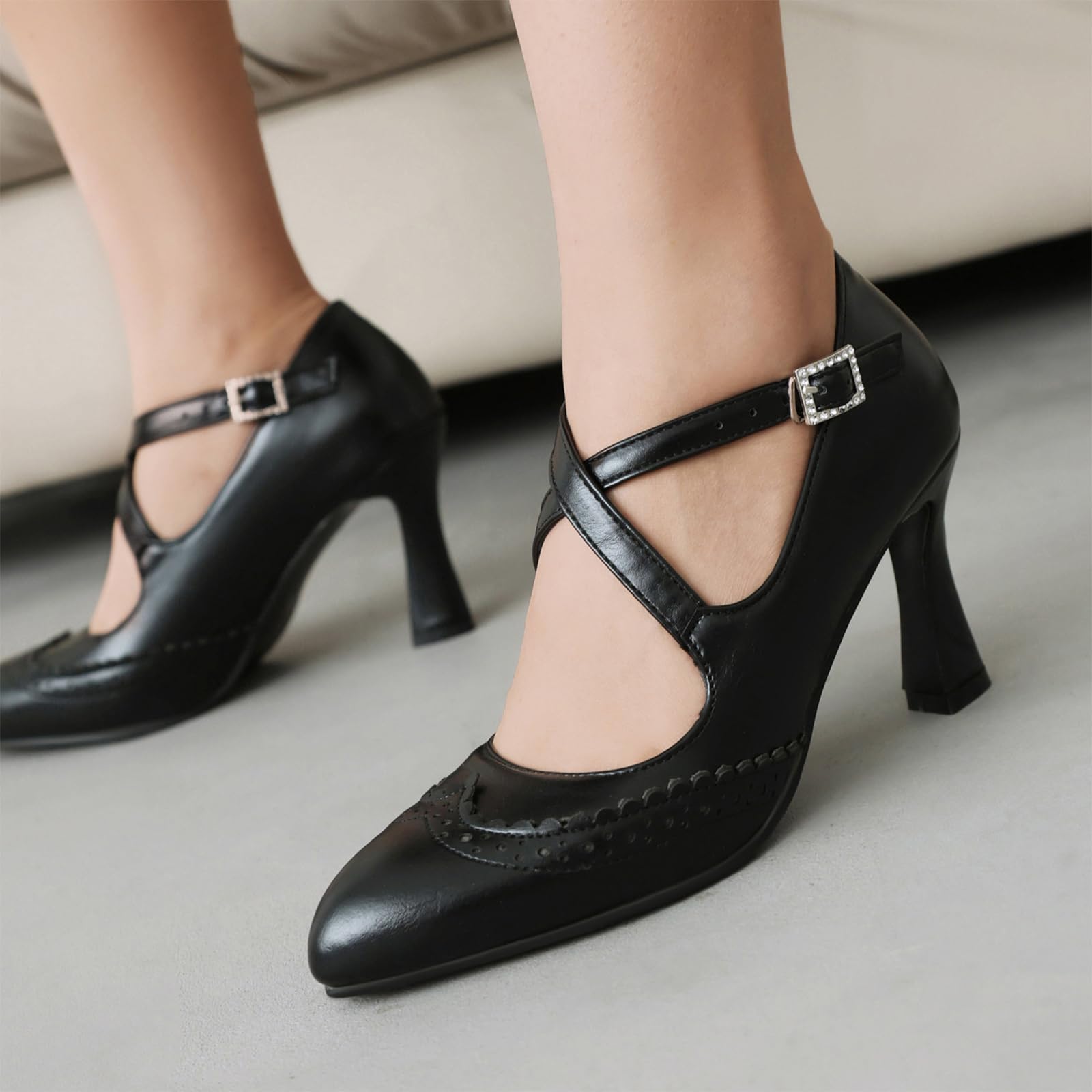 Stiletto Brogue Mary Jane czółenka damskie ze szpiczastymi palcami, paski krzyżowe, wysokie obcasy, do biura, pracy, profesjonalne buty wieczorowe