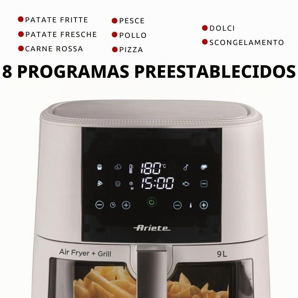 Ariete 4630 - Freidora de aire 9L, 1500 W, capacidad 9L, capacidad de cocción 3,5 kg, 8 programas preestablecidos, temperatura hasta 200 °, cesta transparente para control de cocción, color blanco