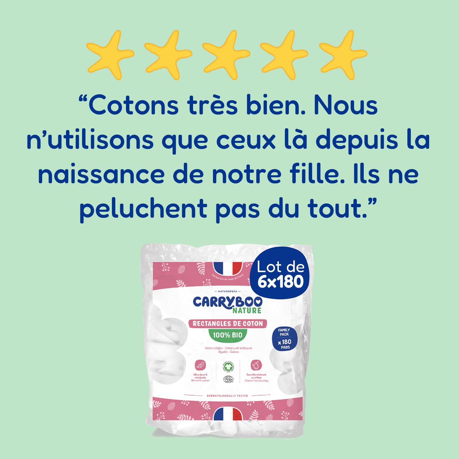 CARRYBOO - Cuadrados de algodón para bebé, 100% orgánico, pieles normales y sensibles, juego de 6 unidades, ultra suaves y resistentes, hipoalergénicas, blanqueadas sin cloro, para toda la familia