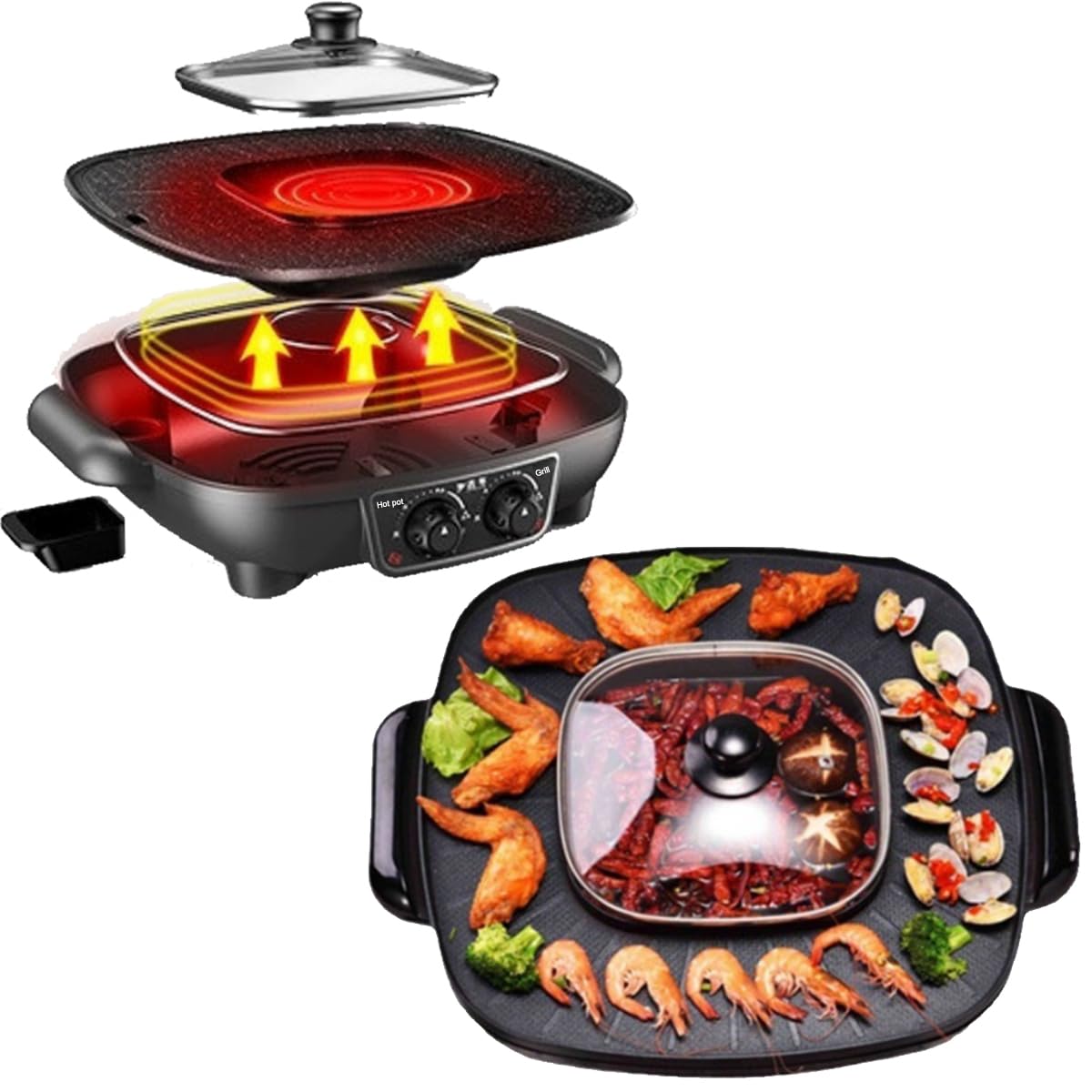 Electric Hot Pot with Grill, 2-in-1 Korean BBQ Grill Indoor Hotpot Pot Electric Combo,Shabu-Shabu Pot BBQ Grill Smokeless Non-stick Separate Dual Temperature Control,Large 2.8L for 2-10 People, 110V