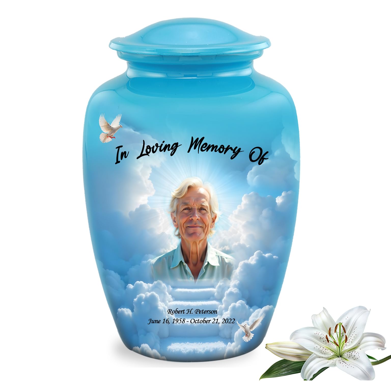 Personalized Photo Print Urn - Custom Photo Cremation Urns for Human Ashes - Full Size Funeral Urns for Man and Women - Decorative Picture Memorial Urn for Ashes Upto 210 lbs (Blue, Large)