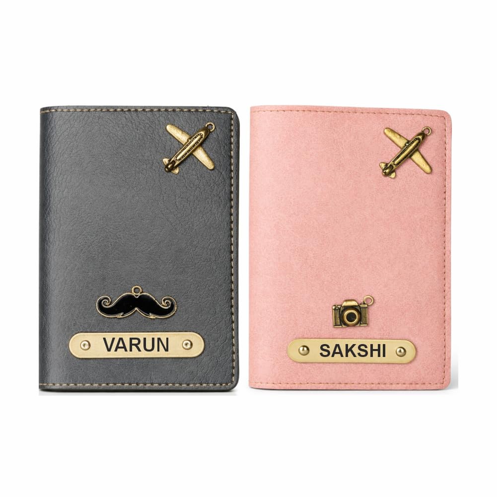 Customized Couple Passport Cover Gift Set 2 Pcs | Personalized Leather Passport Covers with Name & Charm| Anniversary, Valentine, Birthday and Travel Gift (Grey)