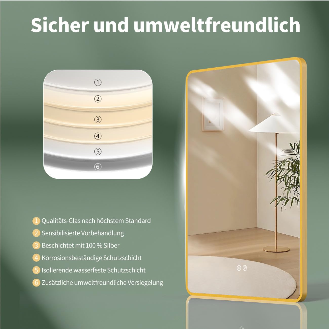 HOKO Antibeschlag LED Badspiegel 50x70 cm / 70x50 cm Louisiana mit Goldener Metallrahmen, HOCH+QUER Montage Schminkspiegel. Touch Schalter+Licht Wechsel 2700-6500K, Warmweiß-Kaltweiß-Neutral